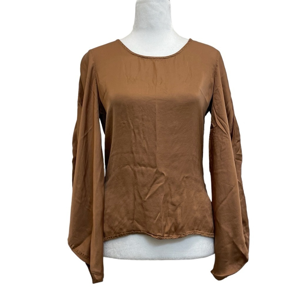 Young Fabulous & Broke Brown Rosie Button Back Balloon Sleeve Satin Blouse Top